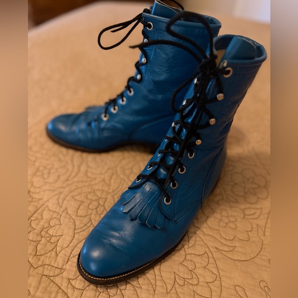 VTG Justin 80s 90s Teal Turquoise Blue Lace-Up Kiltie Roper Granny Boots 7.5-8 - Picture 6 of 11